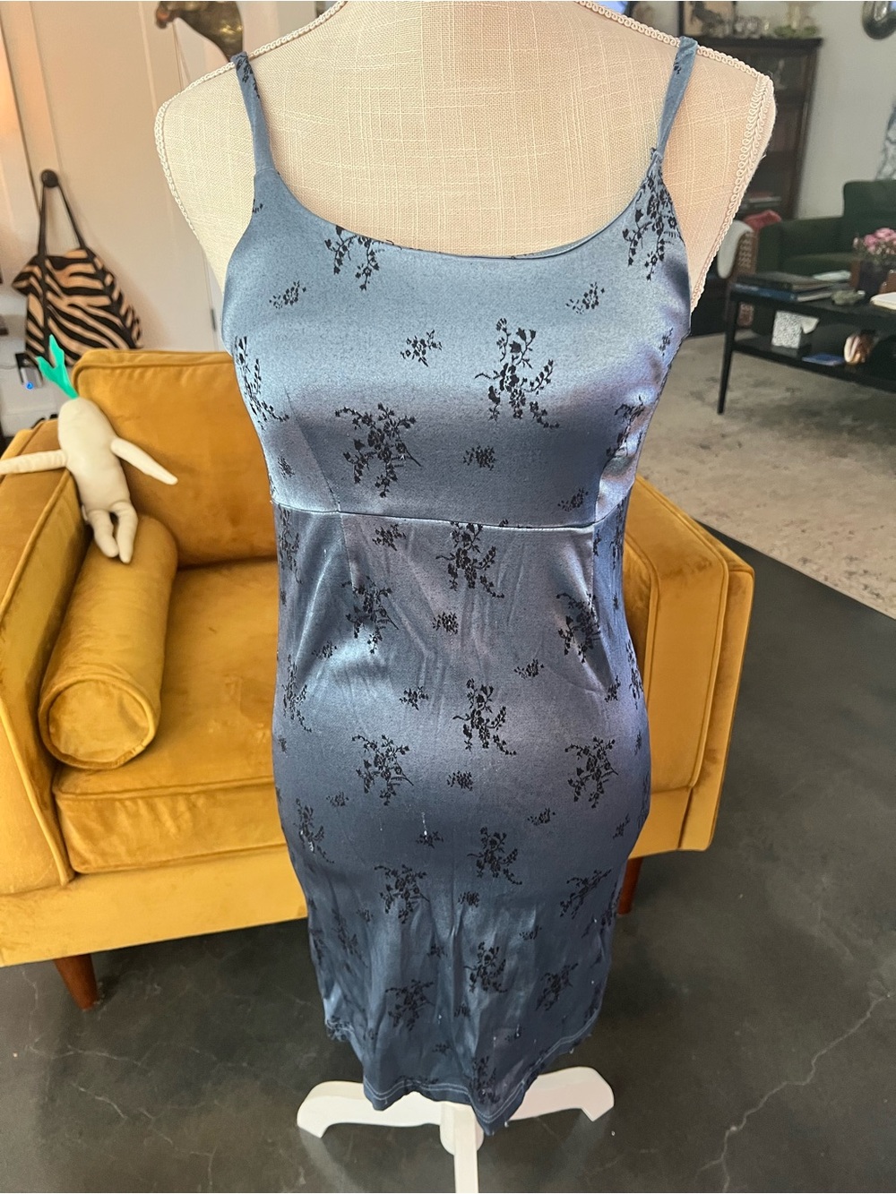 Satin Slip Midi Dress in Dusty Blue with Black Floral Print